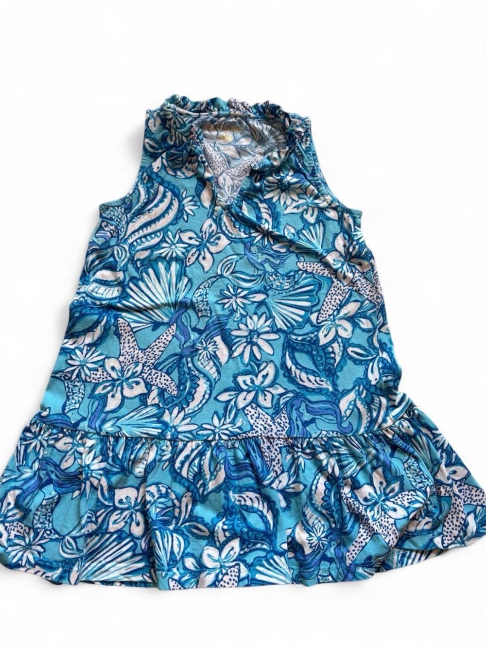 Lilly Pulitzer Girls Blue Mermaid & Seashell Ruffle Collar Dress